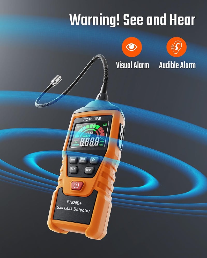 TOPTES Rechargeable Gas Leak Detector, PT520B+ Natural Gas Leak Detector with a 17-inch Probe to Situate Gas Leaks for Propane, Natural Gas, Methane, LPG in RV or Home, Measuring PPM or%LEL - Orange - Image 5
